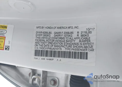 2018 Honda Accord Ex из США, поврежденный, VIN 1HGCV1F49JA010179